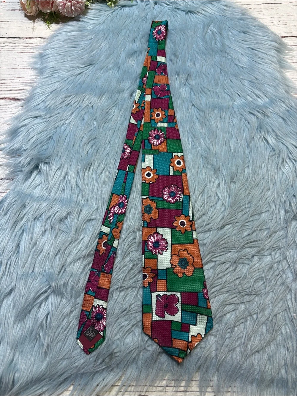 Franco Fossi Colorful Geometric Floral Silk Tie - Teal, Orange & Purple